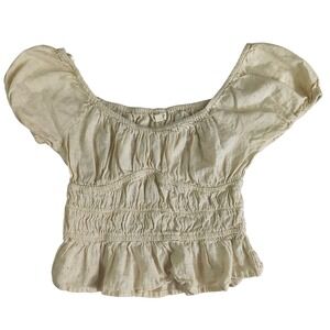 Sim & Sam Cream Linen Blend Smocked Peplum cropped Blouse Small Cottagecore boho